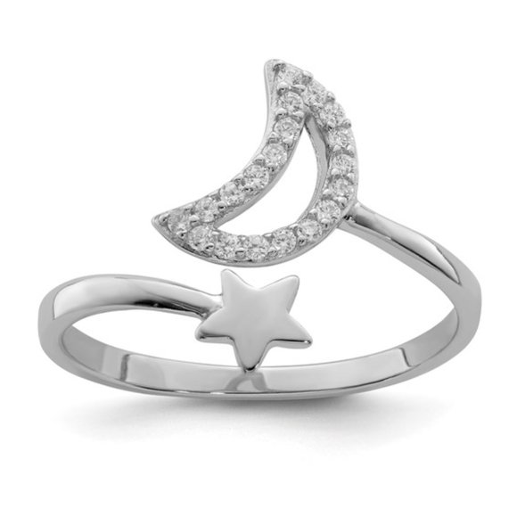Sterling Silver CZ Moon and Star Ring - Picture 1 of 3